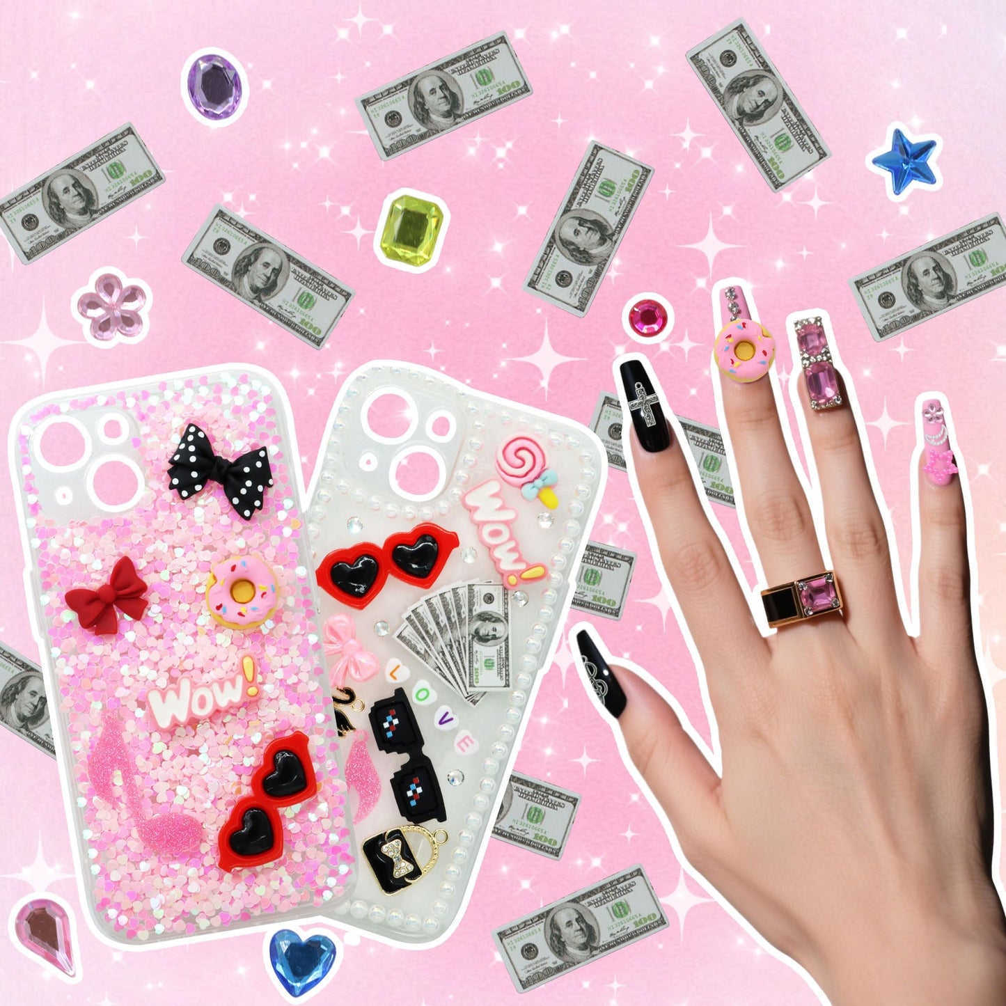 RidaaFri 3000 Pcs Junk Case Charms Kit, DIY Phone Case & Nail Decor with Big Charms, Kawaii Bows, Pearls, Rhinestones, Letter Beads for Aesthetic Personalization
