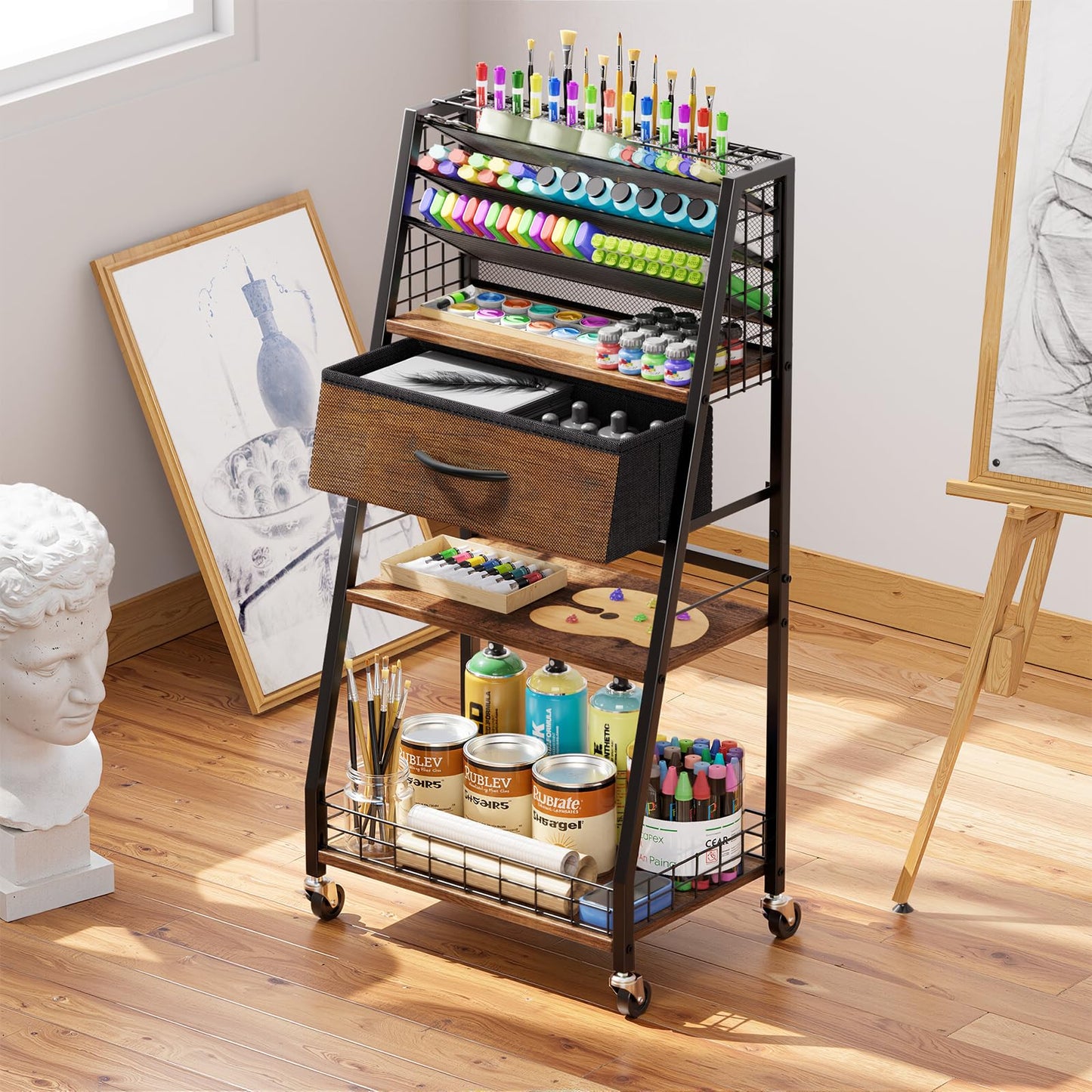 Housolution 3 Tier Rolling Cart with Drawer, Utility Cart with Lockable Wheels, Multi-Functional Arts and Crafts Organizer Storage for Brushes & Paints & Artifacts, Ideal for Home Office Studio