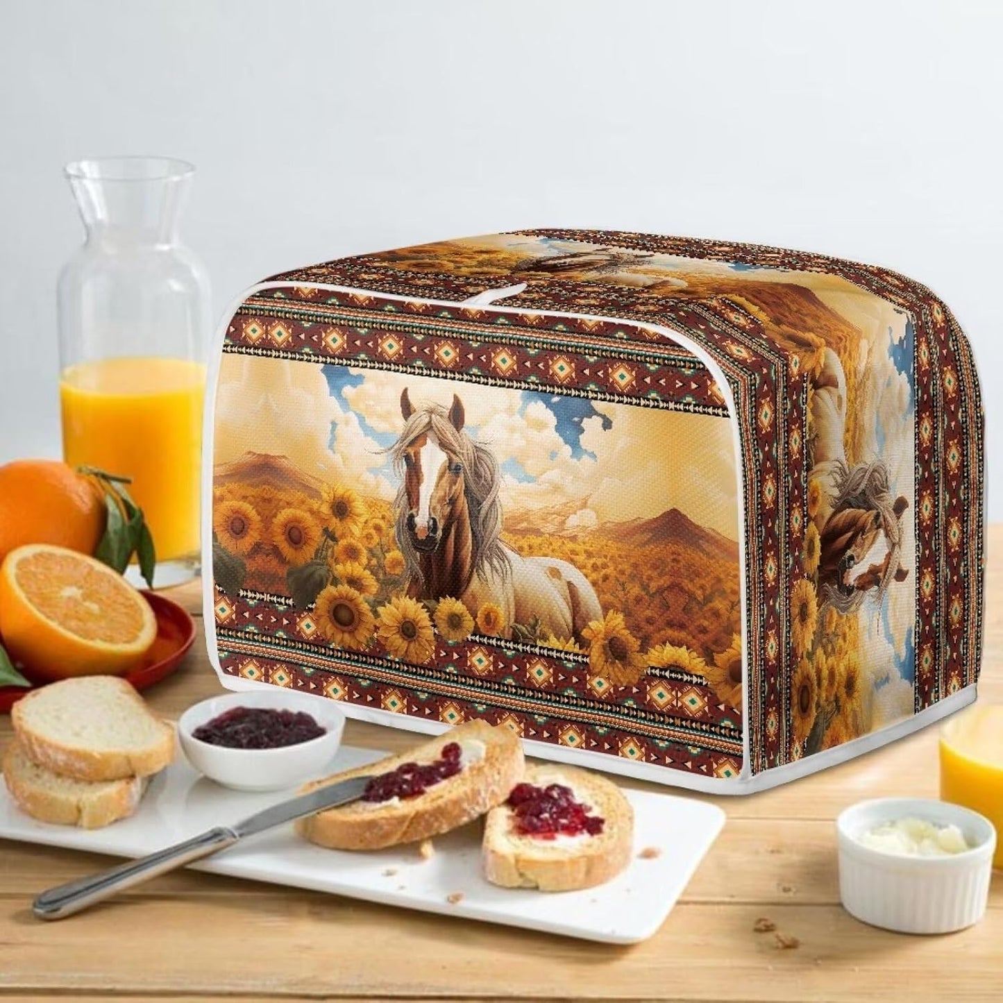 Aztec Horse Bread Toaster Cover, 4 Slice Sunflower, Washable Dustproof Cover, Small Decorative Toaster