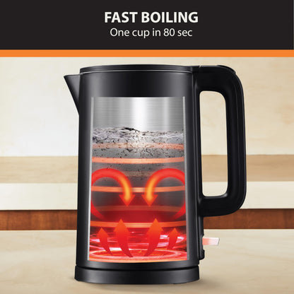 KRUPS 1.5L Electric Kettle, Cool Touch Stainless Steel Interior, Fast Boiling, one cup in 80 seconds, Double Wall, Fast Boiling, Auto Off, Keep Warm, Cordless, Black