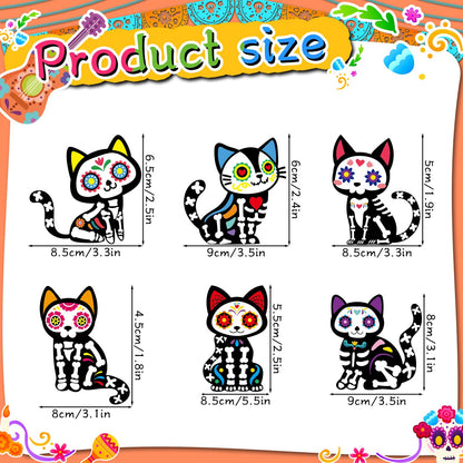 Remagr 12 Pcs Dia De Los Muertos Cat Felt Ornaments, Day of The Dead Cat Skeleton Hanging Halloween Ornaments for Mexcian Themed Party School Bags Indoor Outdoor Tree Hanging Decorations