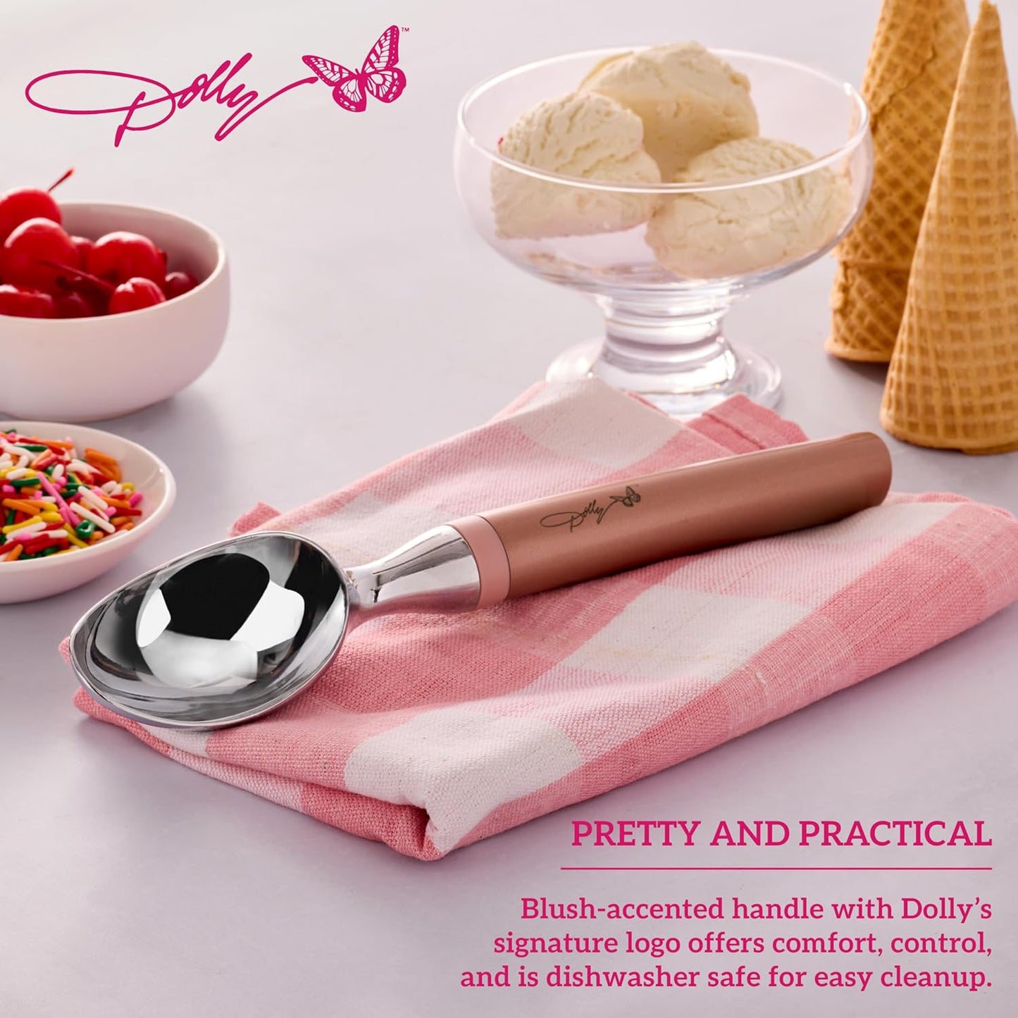 13.9 2.68 1.97 Inch Dolly Parton Ice Cream Scoop, Blush Stainless Steel Head with Ergonomic Weighted Handle, Dishwasher