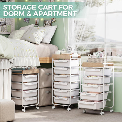 SYKIARIOL Rolling Storage Utility Cart with 4 Drawers,Kids Craft Art Cart,Makeup Organizer and Storage with Wooden Tabletop,White