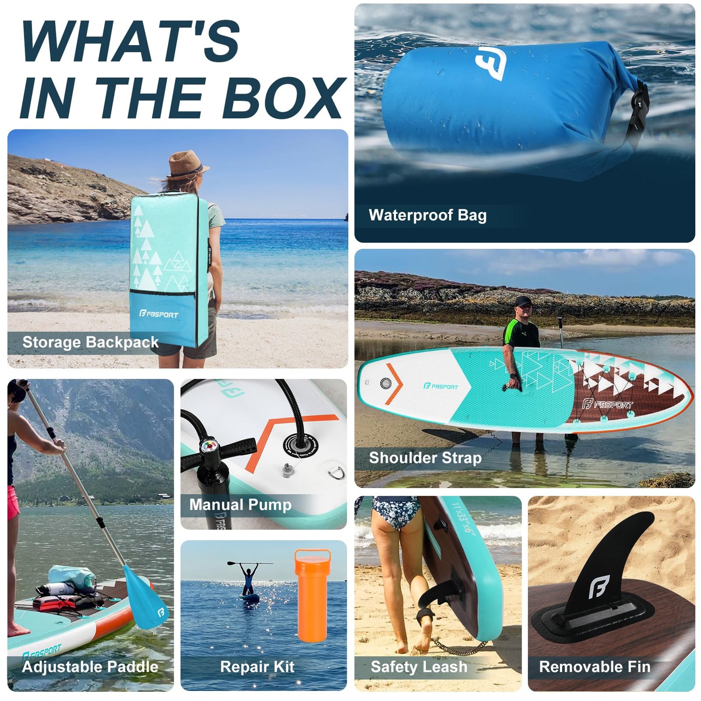 FBSPORT 11' Premium Stand Up Paddle Board, Yoga Board with SUP Accessories & Carry Bag | Wide Stance, Surf Control, Non-Slip Deck, Leash, Paddle and Pump for Youth & Adult(BlueWhite)