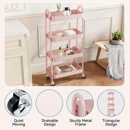 NEWBULIG 4-Tier Metal Rolling Cart with Lockable Wheels, Heavy Duty Mobile Utility Storage Shelf, Roller Book Snack Cart, Organization for Livingroom, Bathroom, Office, Pink