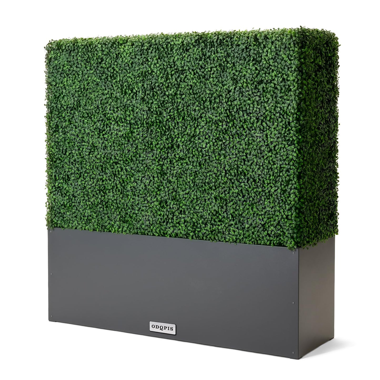 ODQPIS Artificial Boxwood Hedge Wall with Dark Grey Planter Box, Greenery Fake Faux Grass Panels Backdrop Divider 48" WX48 HX14 D