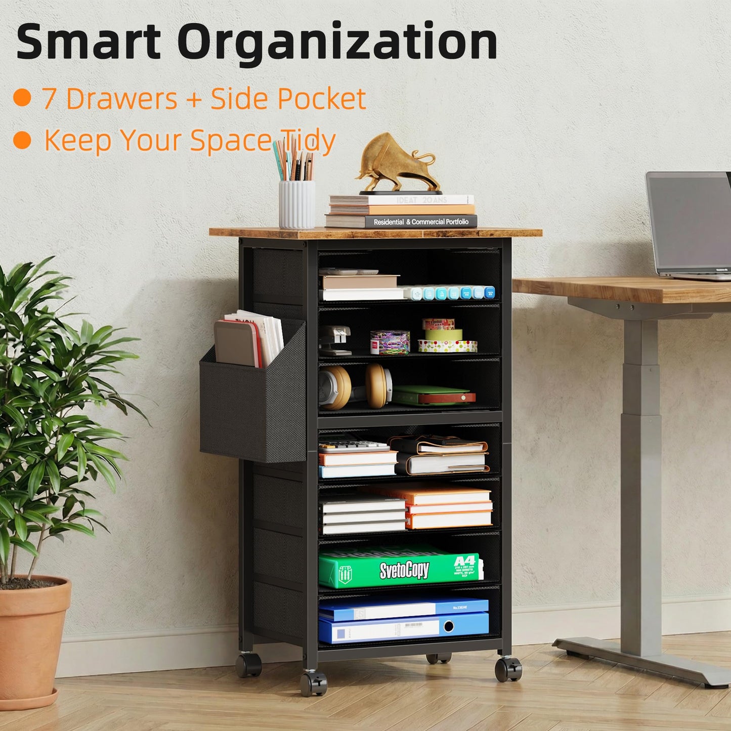HIGDBFE 7 Fabric Drawers File Cabinet with Side Pocket, Rolling Printer Stand with Storage for Home Office, Wood Top Storage Cabinet for Documents and Crafts, Rustic Brown, 15" D
