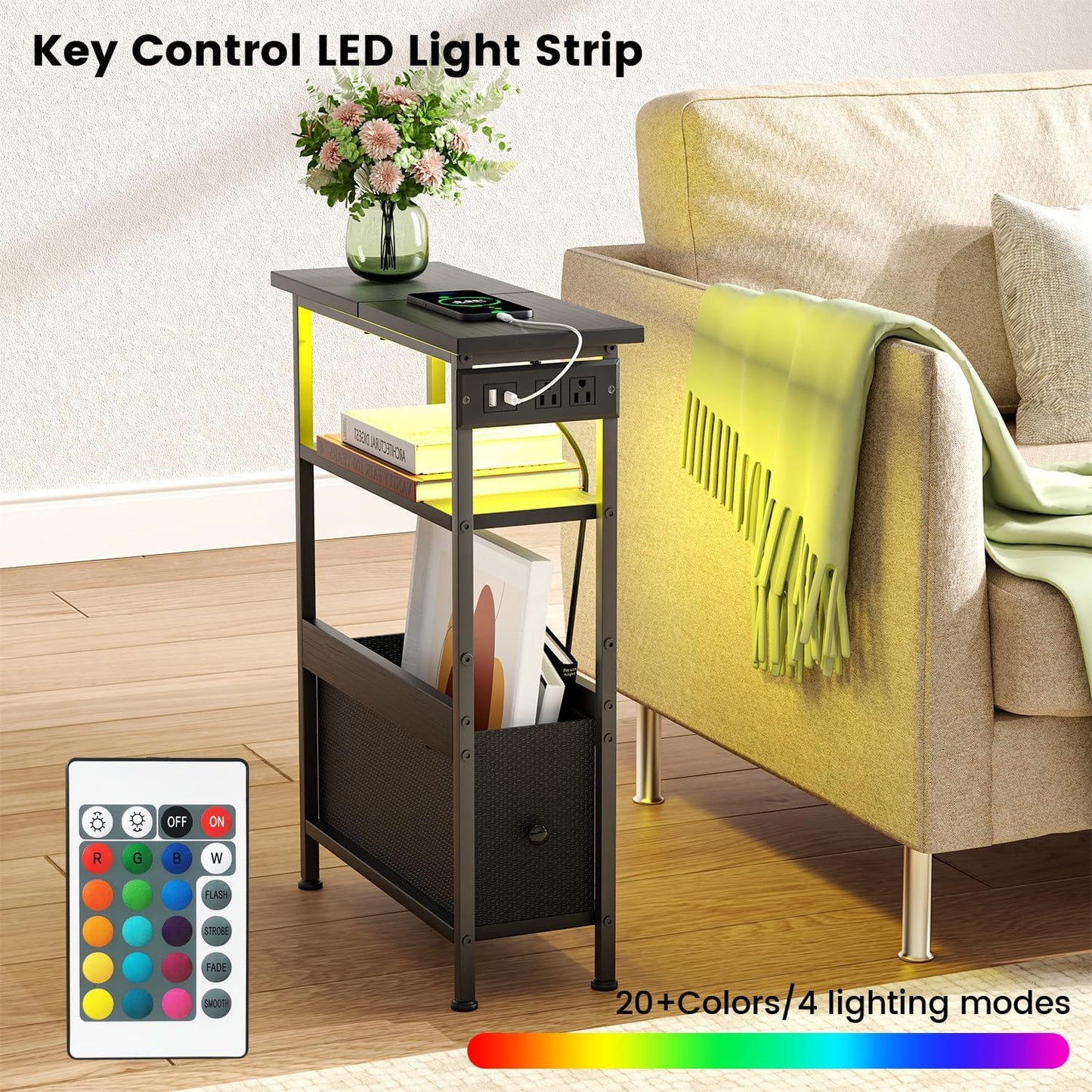 1 Creso hom Narrow Side Table with Charging Station and LED Light, Small End Table with Fabric Drawer, Skinny