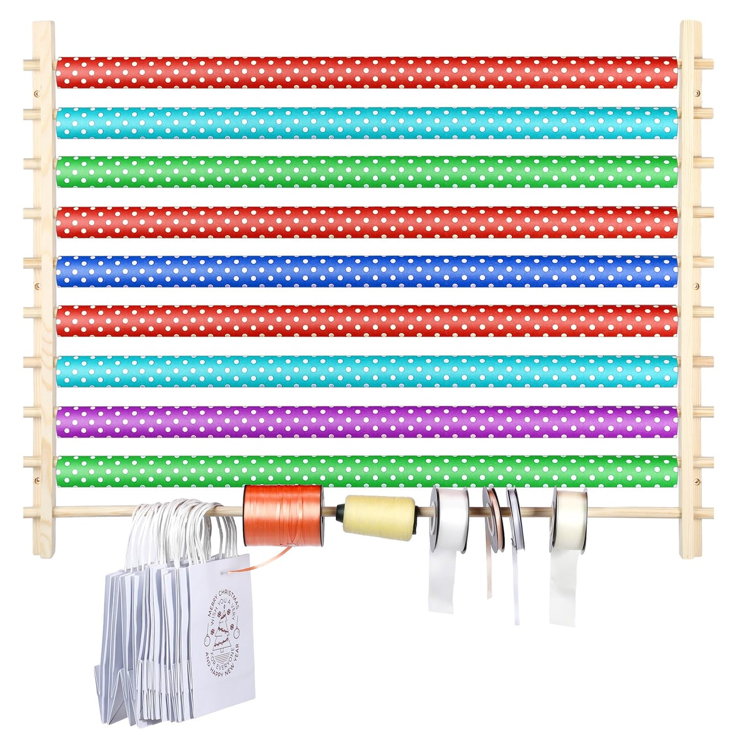 Kigley 10 Tier Ribbon Holder Organizer Rack Wood Wrapping Paper Display Rack Large Gift Wrapping Paper Storage Organizer Easy Wall Mount Wrapper Storage