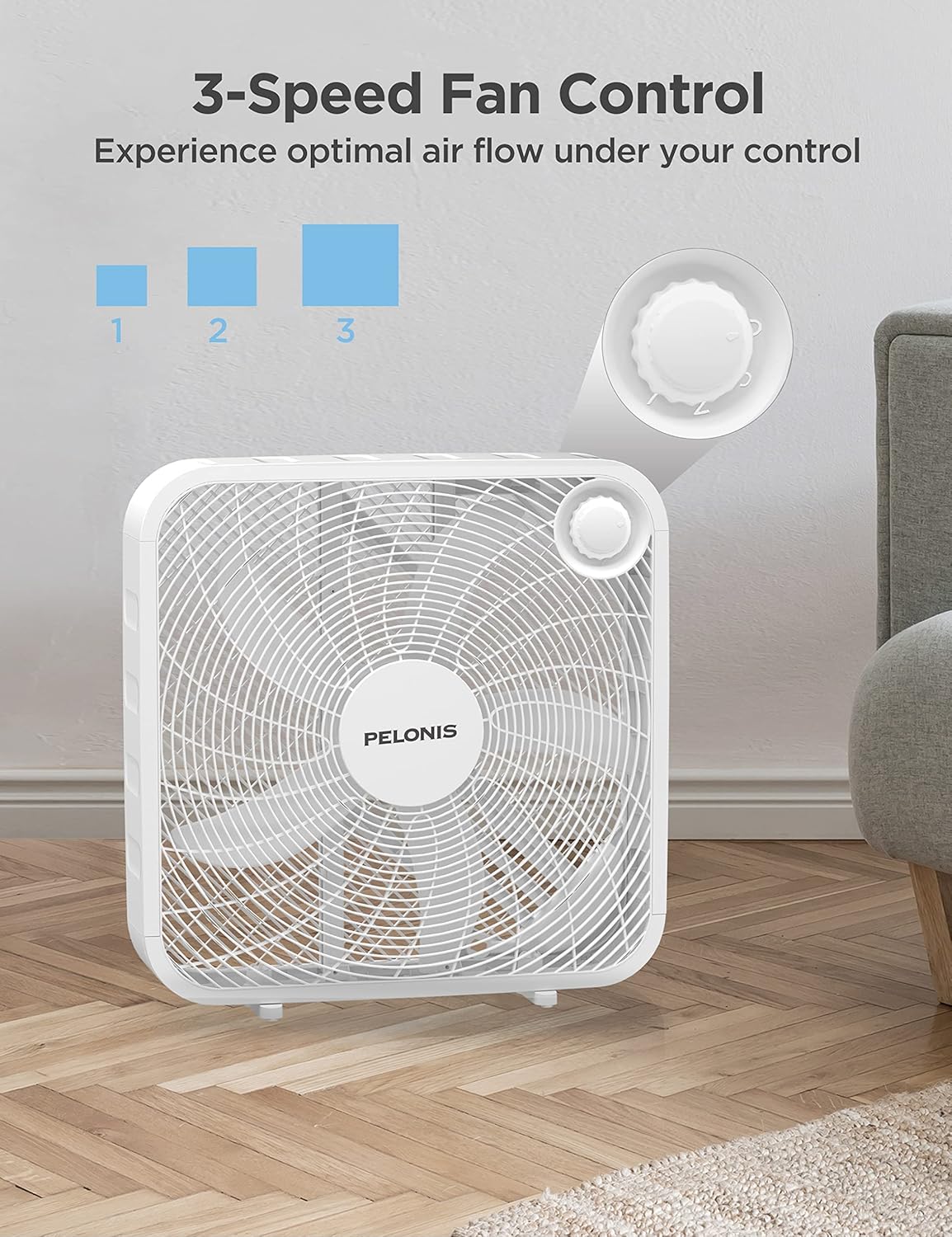 PELONIS 3-Speed Box Fan, Full-Force Circulation, Air Conditioner, White