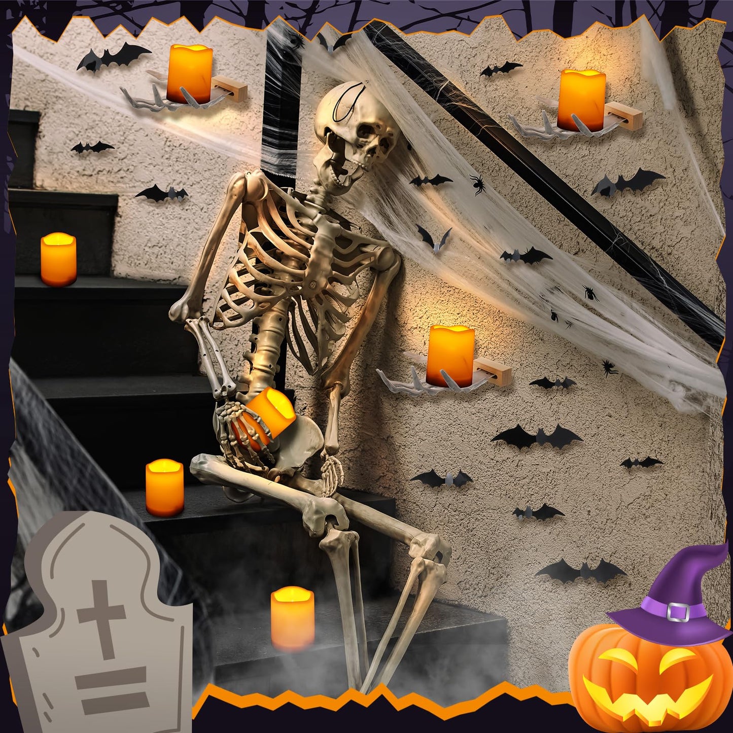 Tuanse 6 Pcs Halloween Skeleton Wall Decorations 3 Witch's Hand Wall Mounted Creepy Hands 3 Lighted Candles 3D Black Spooky Bats Double-Sided Tape for Gothic Halloween Indoor Home Decoration