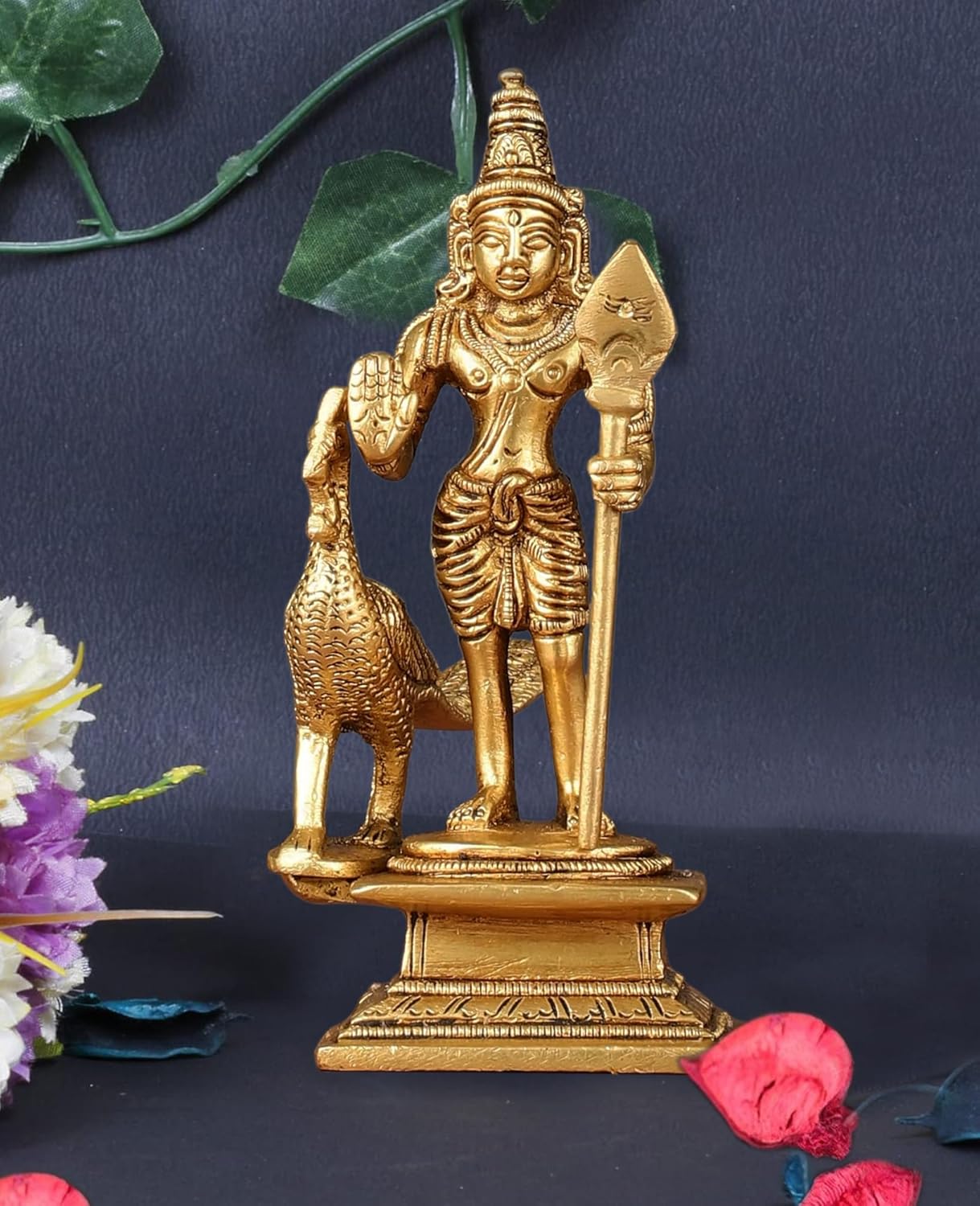 God Murugan Swami Miniature Brass Statue with Peacock, Handcrafted Decor Item for Home, Temple, Gifting, 2.25 x 3 x 4.3