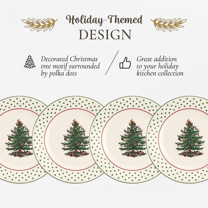 Spode Christmas Tree Polka Dot Dessert Plate (Set of 4) - Festive 8-Inch Stoneware Plates for Holiday Entertaining, Appetizers, Snacks - Microwave, Dishwasher, Freezer Safe Party Appetizer Dishes