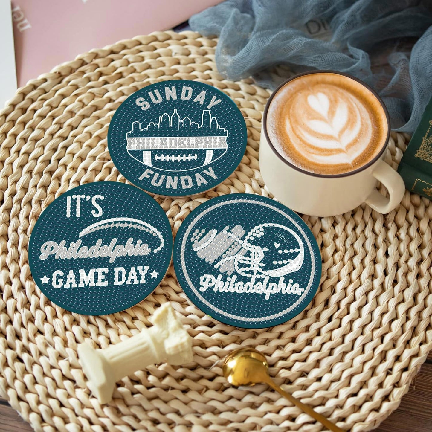 Bartogro 8 Pcs Diamond Painting Coaster Kits, DIY Football Diamond Art Coasters with Holder Sports Diamond Art Crafts Supplies for Philadelphia Design
