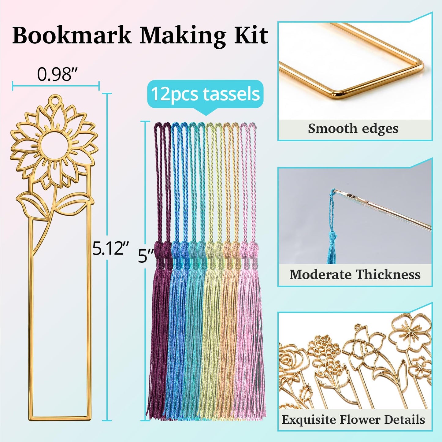 LET'S RESIN 12pcs Metal Bookmark Bezels for Resin with Tassels, UV Resin Molds for DIY Bookmarks, Flower Bookmark Bezels Kit for Craft Supplies & Wind Chime Accessories, Gifts for Book Lover