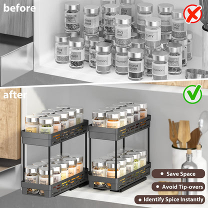 Pull Out Spice Rack Organizer for Cabinet, 3 Packs Slide Out Spice Racks Organizer, Spice Cabinet Organizers, Cabinet Size Need:12'' Highx11'' Deepx5'' Wide,Each Tier Hold 10 Spice Jar - 2 Tier, Black