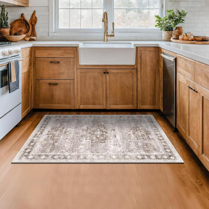 Regine Switzerland Washable Large Entryway Rug - Non-Slip Boho Vintage Floral Design | 3x4 Beige/Latte