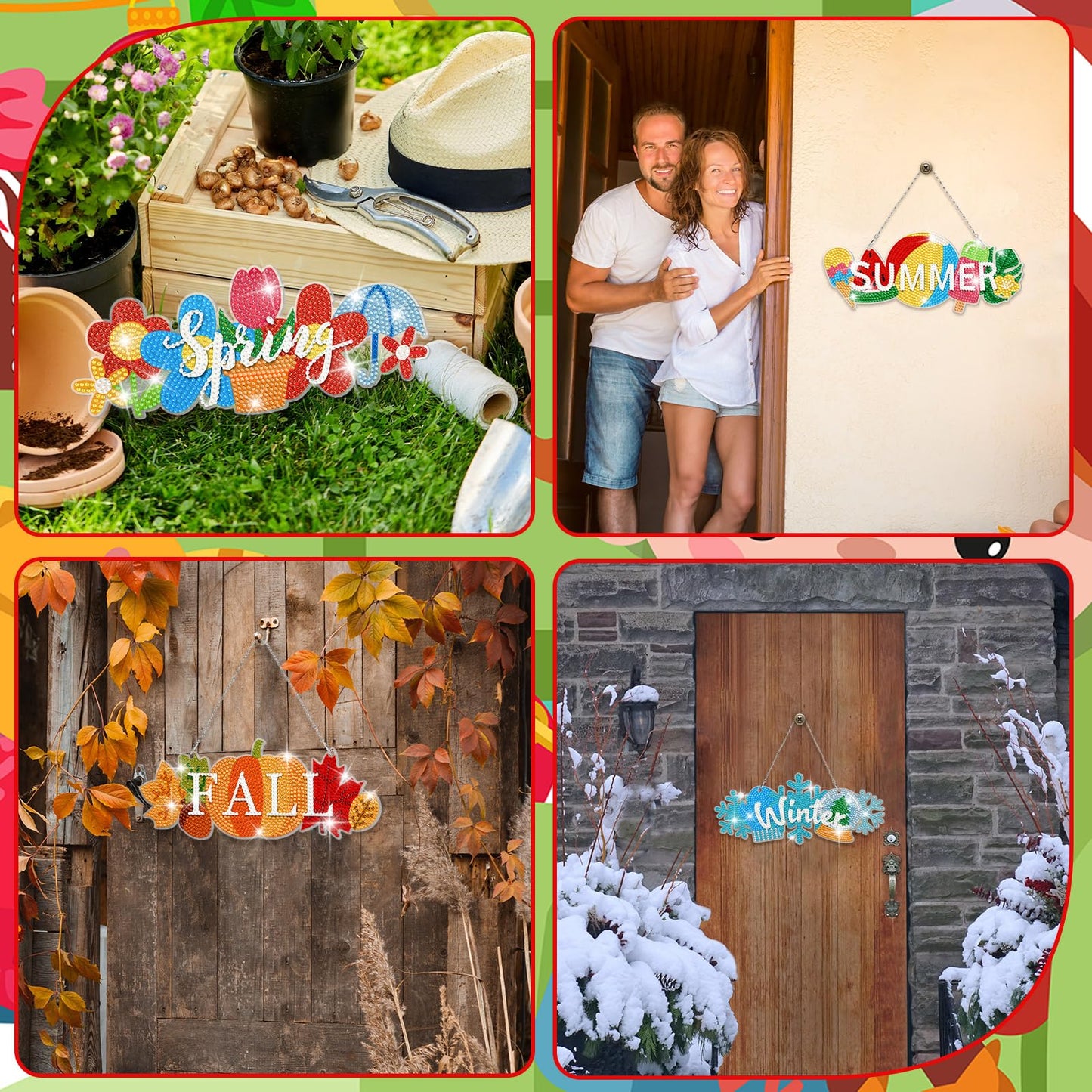 Cinnvoice 12 Pcs Seasonal Diamond Art Wreath Kits Holiday 5d DIY Diamond Painting Signs Germ Hanging Art Ornaments for Wall Door Decorations (Rustic)
