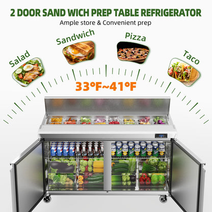 Coolake 60" W 2 Door Commercial Refrigerator Salad Sandwich Prep Table, Stainless Steel 18 Cu.ft Counter Fan Cooling Refrigerator with 16 Pans Restaurant Bar Food Truck, ETL DOE