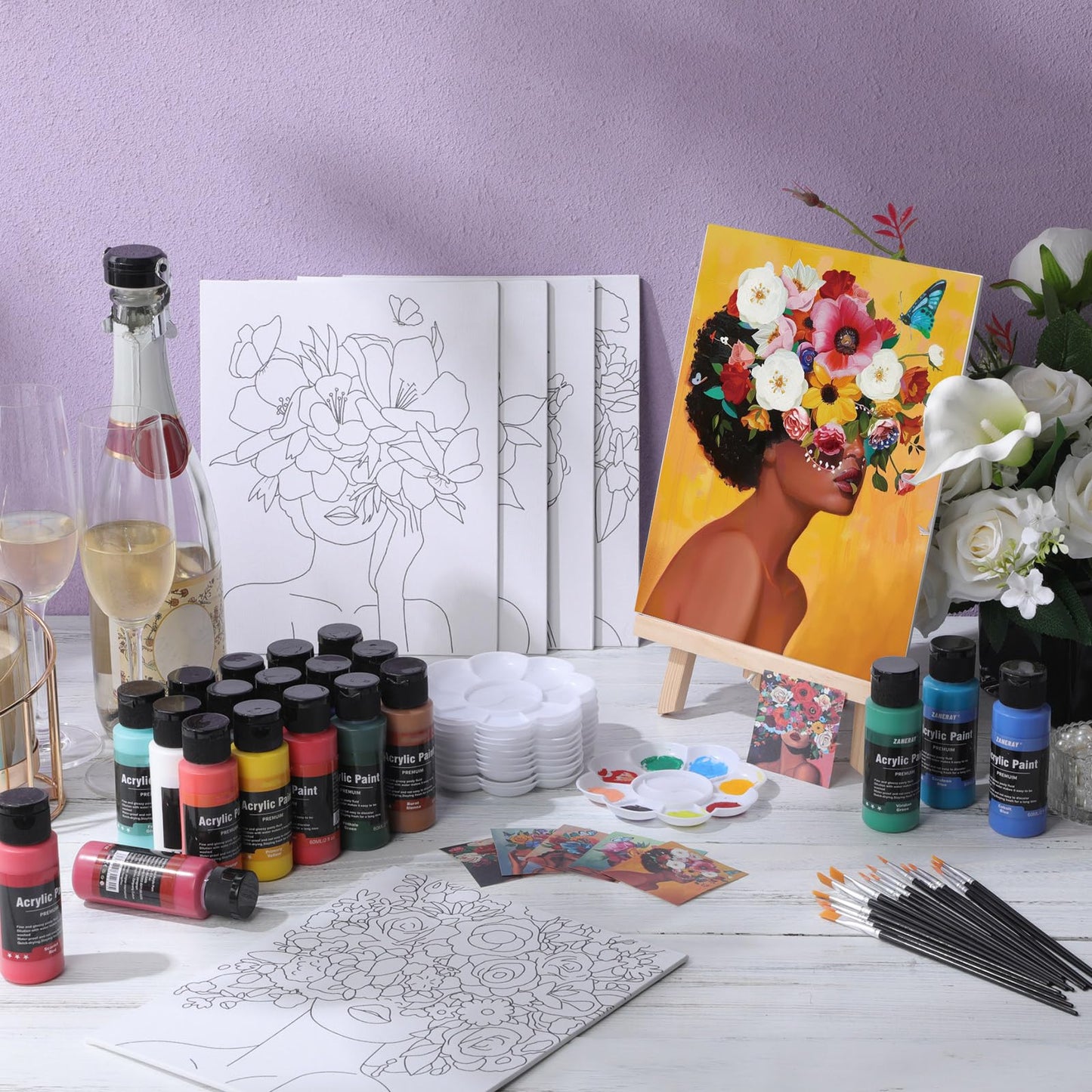 AmazingSpark 6 Set Paint and Sip Kit for Adults 8"x 10" Pre Drawn Canvas for Painting DIY Acrylic Paint Set Canvas Panels Wood Easel, 24 Colors 60ml 2oz Date Night Easter Party Favors(Art Lady)