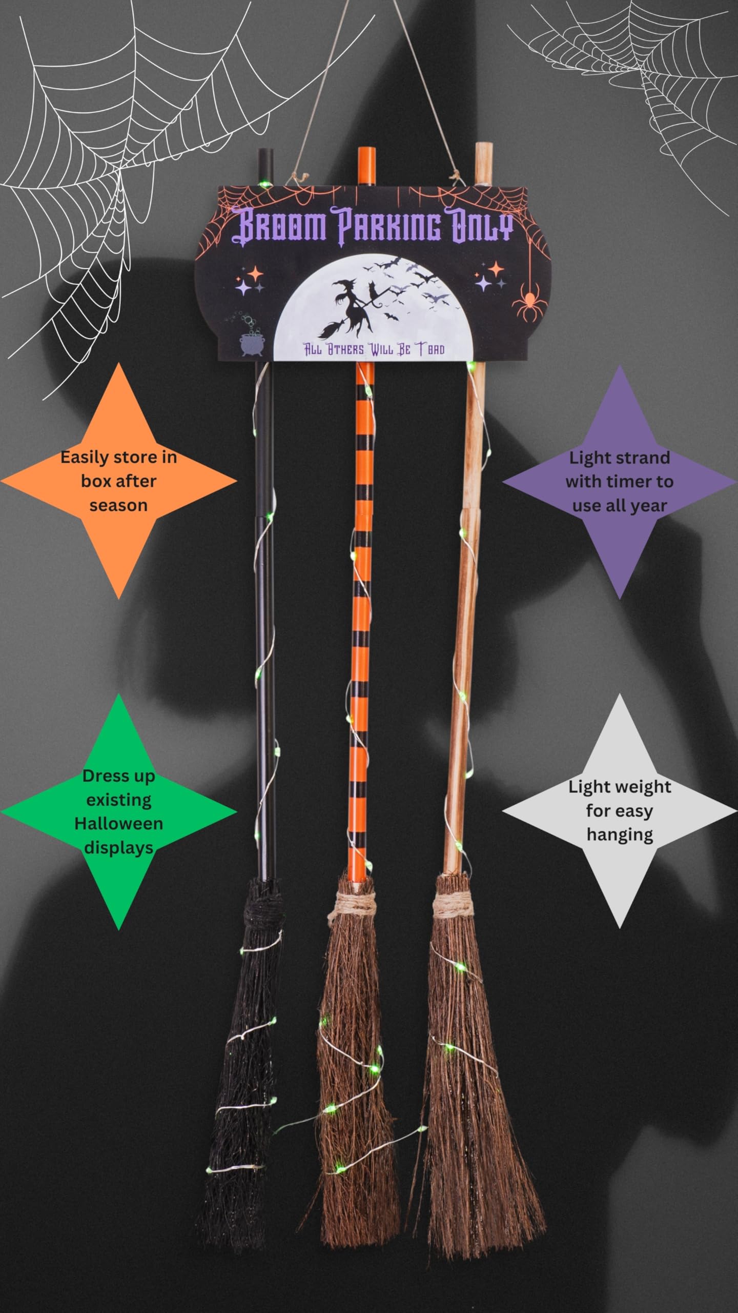 Halloween Decorations with Broom Parking Only Sign - Witch Halloween Theme - Porch Decor - Decorations with Three Witch Broomstick - Wall Decor with Lights