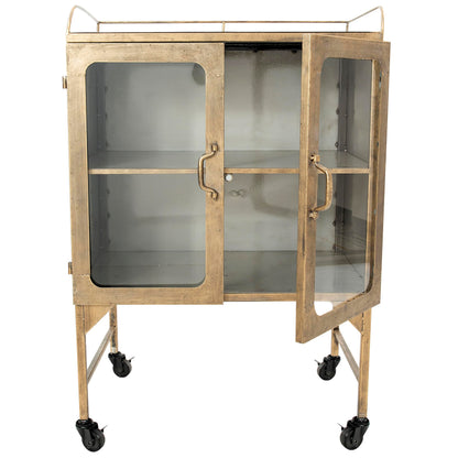 Creative Co-Op Vintage Metal Bar Cabinet with Glass Doors and Wheels, Antique Brass