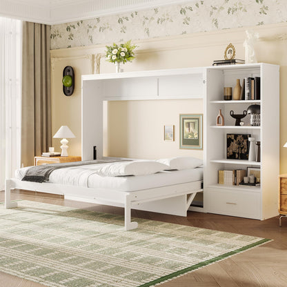 Murphy Bed Queen,Murphy Bed with Height Adjustable Storage Compartments and Shelf,Wall Bed Frame w/ 1 Drawer, Multifunctional Foldable Platform Bed for Bedroom,Guest Room,White
