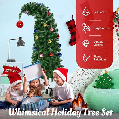 Hatisan 6FT Artificial Christmas Tree - Bent Green Design with Ball Ornaments & Metal Base | Holiday Decor