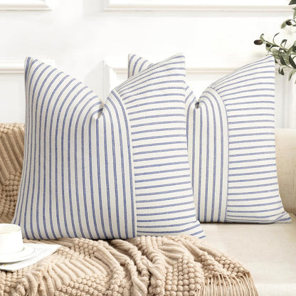 22x22, Set 2, YCOLL Farmhouse Pillow Covers Modern Accent Square Throw Pillow Covers of Blue and Beige Striped