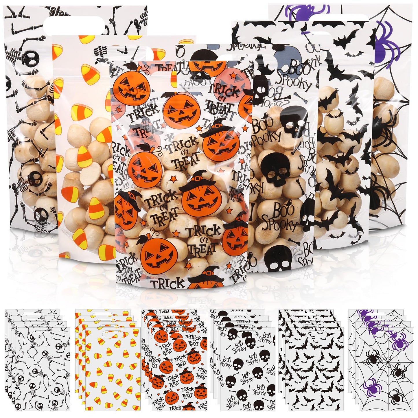 Resholder 60 Pcs Halloween Sealing Gift Bags Plastic Halloween Candy Goodie Bags with Handle Trick or Treat Party Favor Handbags for Spooky Birthday Party Supplies