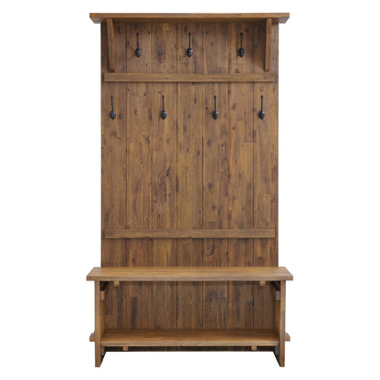 Alaterre Furniture Bethel Hall Tree with Bench – Rustic 70-Inch Entryway Organizer with 7 Metal Double Coat Hooks, Solid Wood Bench and Storage Shelves for Mudroom or Hallway (Natural Aged Brown)