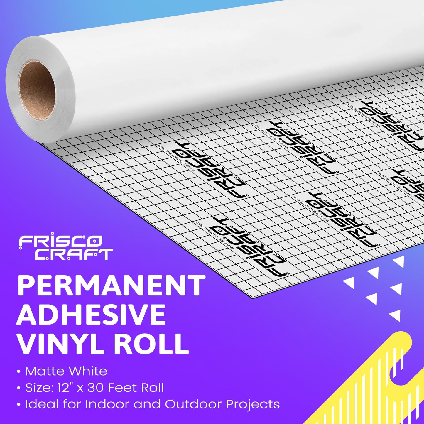 Frisco Craft Matte White Permanent Vinyl Roll - Permanent Outdoor Vinyl, Water & Weather-Resistant with Siliconized Backing - Adhesive White (12" x 30ft)