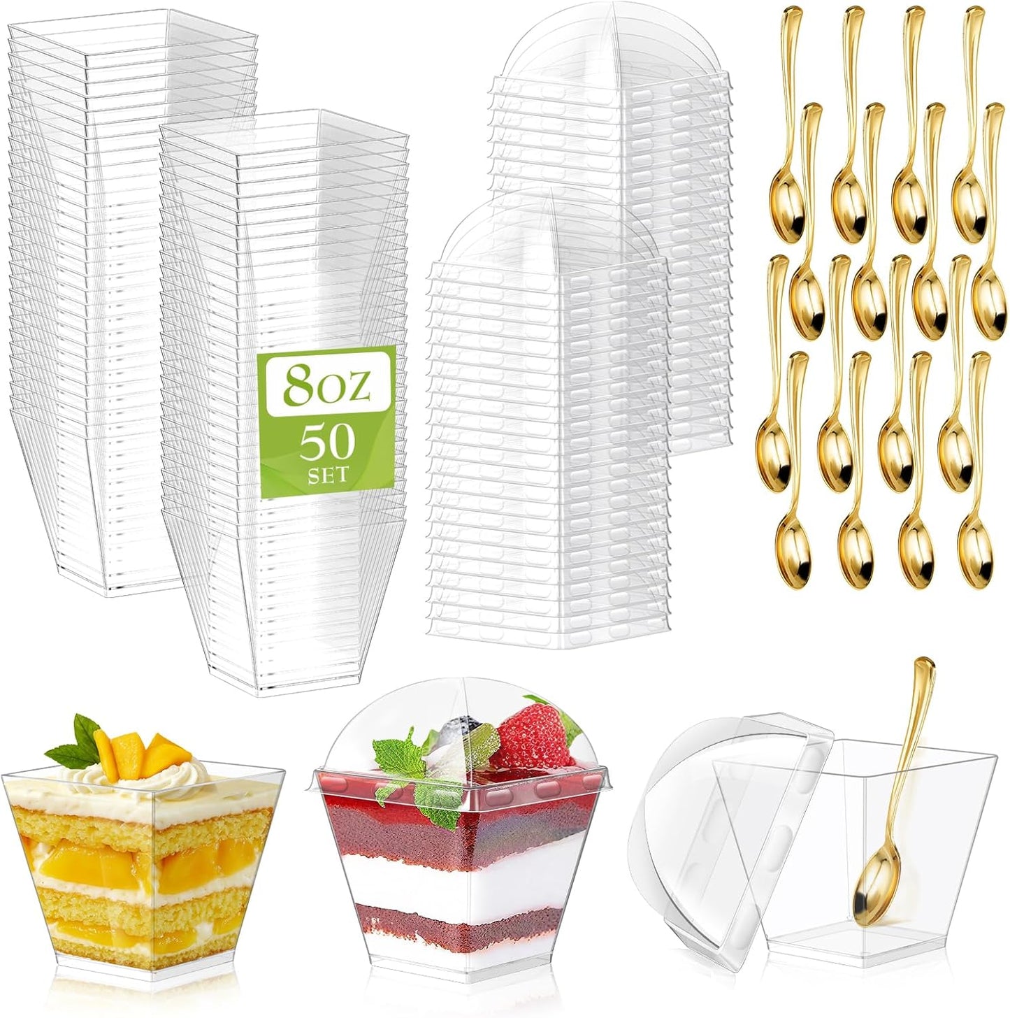 150 Pack 8oz 50, Square Plastic Dessert Cups with Dome Lids and Mini Gold Spoons, Clear Yogurt Parfait Cups Serves