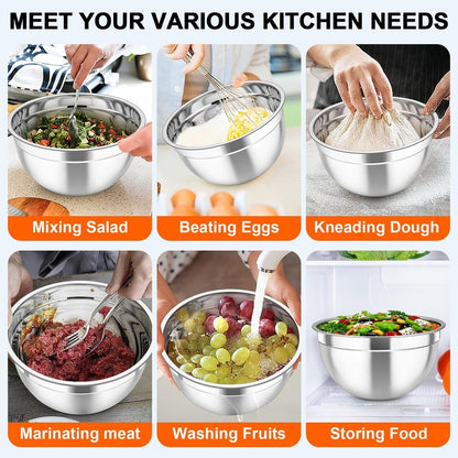 TeamFar Mixing Bowls with Airtight Lids, 5PCS Stainless Steel Metal Salad Bowl with 3 Grater Attachments, for Cooking, Prepping, Serving, Healthy & Easy Clean - 0.7/1/1.5/2.6/4.6QT, Black