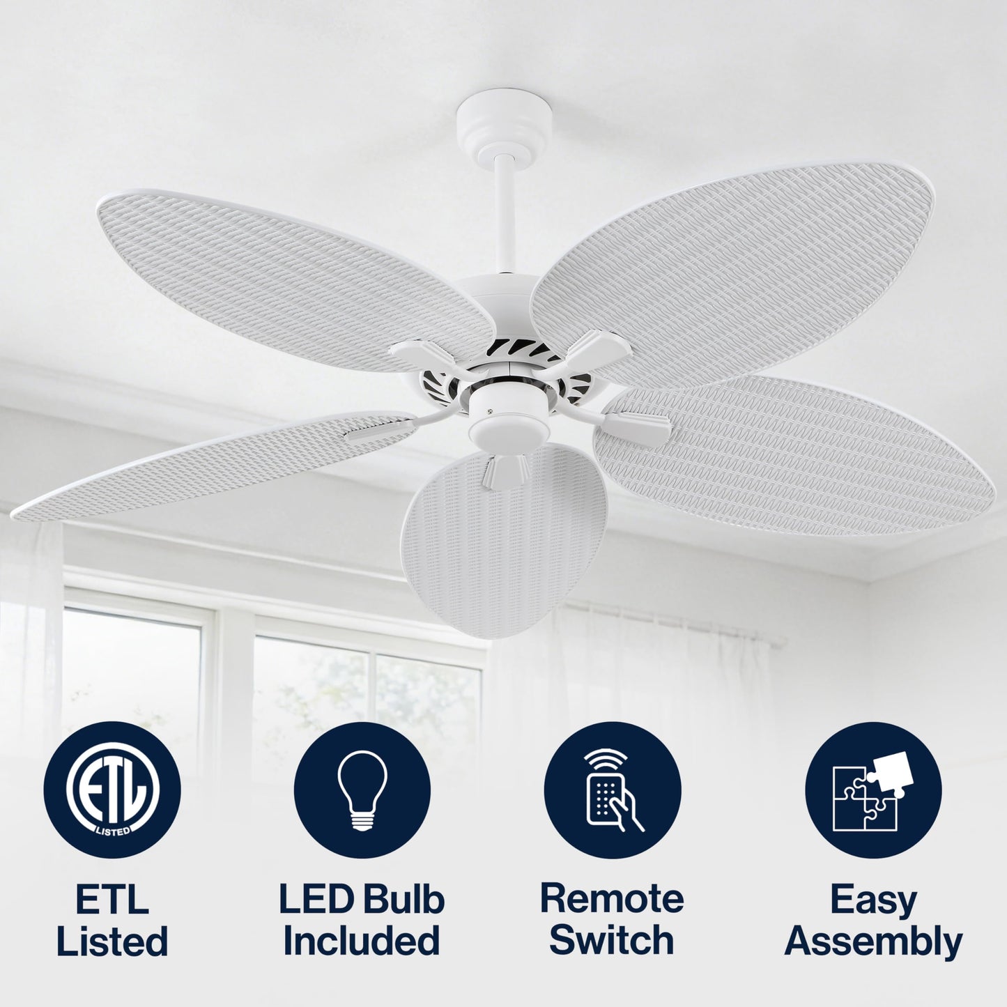 JONATHAN Y 52" White Metal Tropical Palm Leaf Blades Ceiling Fan Coastal Bohemian for Living Room Mobile App and Remote Control 6-Speed Sloped Ceiling Compatible JYL9719D
