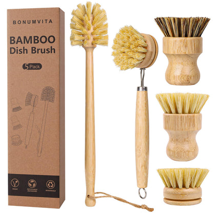 BONUMVITA 5 Pack Bamboo Dish Brush Set, Wooden Dish Brush with 14’’ Bottle Brush, Natural Kitchen Scrub Brush for Dishes Pots, Pans, Sinks, Woks, Vegetables