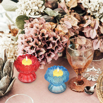 POPETPOP Butter Lamp Candleholder Set, 3pcs Small Blue Red Pink Glass Crystal High Base Candle Holders for Buddhist Rituals and Home Décor Desktop Adornment