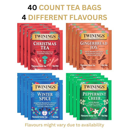 Twinings Christmas Holiday Variety Tea Bag Pack (40 Count) 4 Flavours Include Christmas Tea, Winter Spice, Gingerbread Joy, Peppermint Cheer, Seasonal Gift for Her, Him, Family, Friends