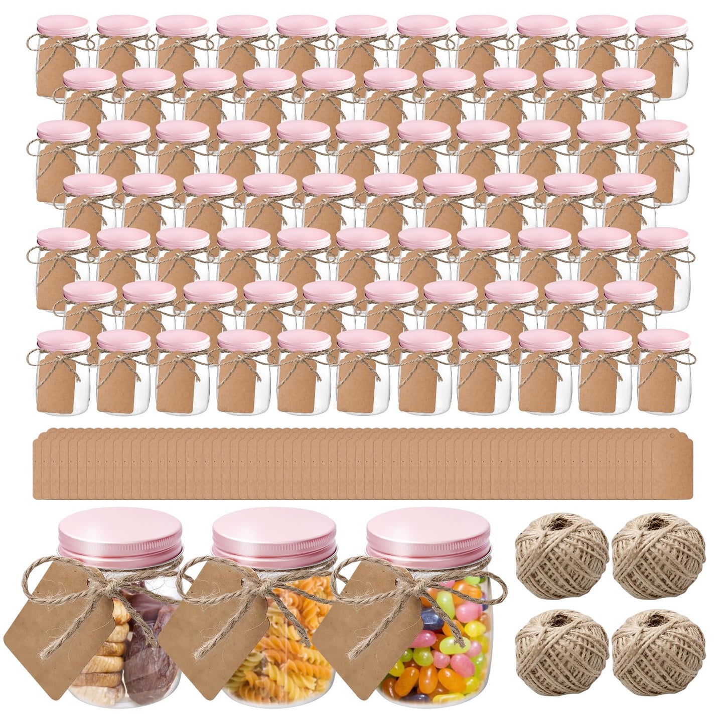 SENONAPO 84 Pack 5 oz Plastic Jars with Labels and Craft Twine, Aluminum Lid Yogurt Containers with Lids Bulk, DIY Small Gift Jars for Wedding, Birthday, Halloween, and Christmas Party Favors
