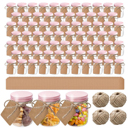 SENONAPO 84 Pack 5 oz Plastic Jars with Labels and Craft Twine, Aluminum Lid Yogurt Containers with Lids Bulk, DIY Small Gift Jars for Wedding, Birthday, Halloween, and Christmas Party Favors