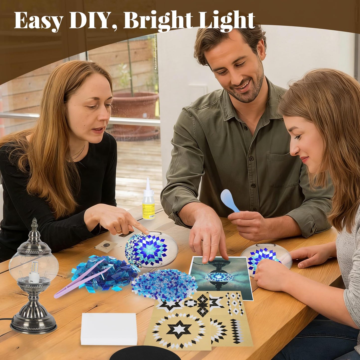 GYHPD DIY Turkish Mosaic Lamp Kit, Stained Glass Table Lamp Making Kit - Fun, Easy, No Experience Required, Complete Mosaic Art & Craft Project Kit for Adults & Teens, Make Your Own Table Lamp (Blue)