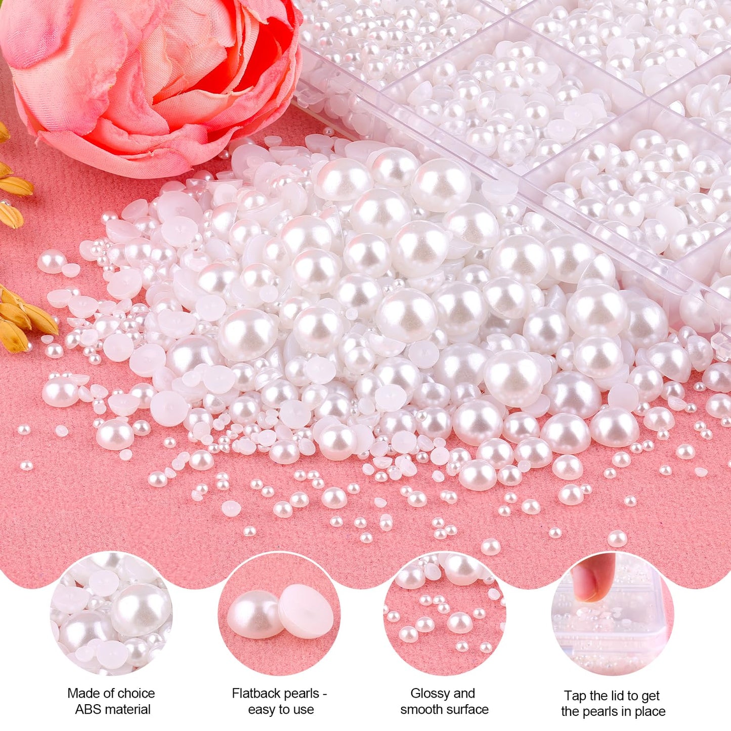 16500Pcs Flatback Pearls for Crafting (White), Assorted Size 2/3/4/5/6/8/10mm Half Pearl with 3Pcs 10ml B7000 Jewelry Glue, Bedazzling Kit for DIY Crafts Clothing Tumbler Shoes Embellishment Nail Art