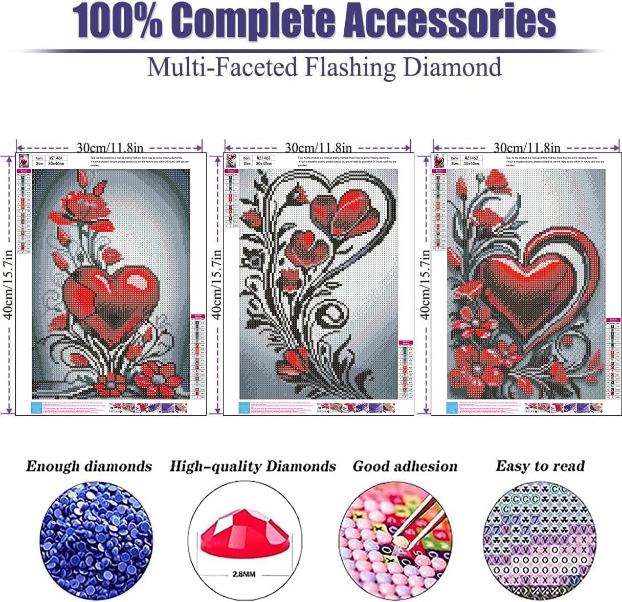 mrpwnle 3 Pack Diamond Art Kits for Adults, Valentines Day Heart Flowers Diamond Painting Kits, 5D Diamonds Painting, DIY Full Drill Gem Art Crafts Kit Home Wall Decor Gifts 11.8x15.7 inch