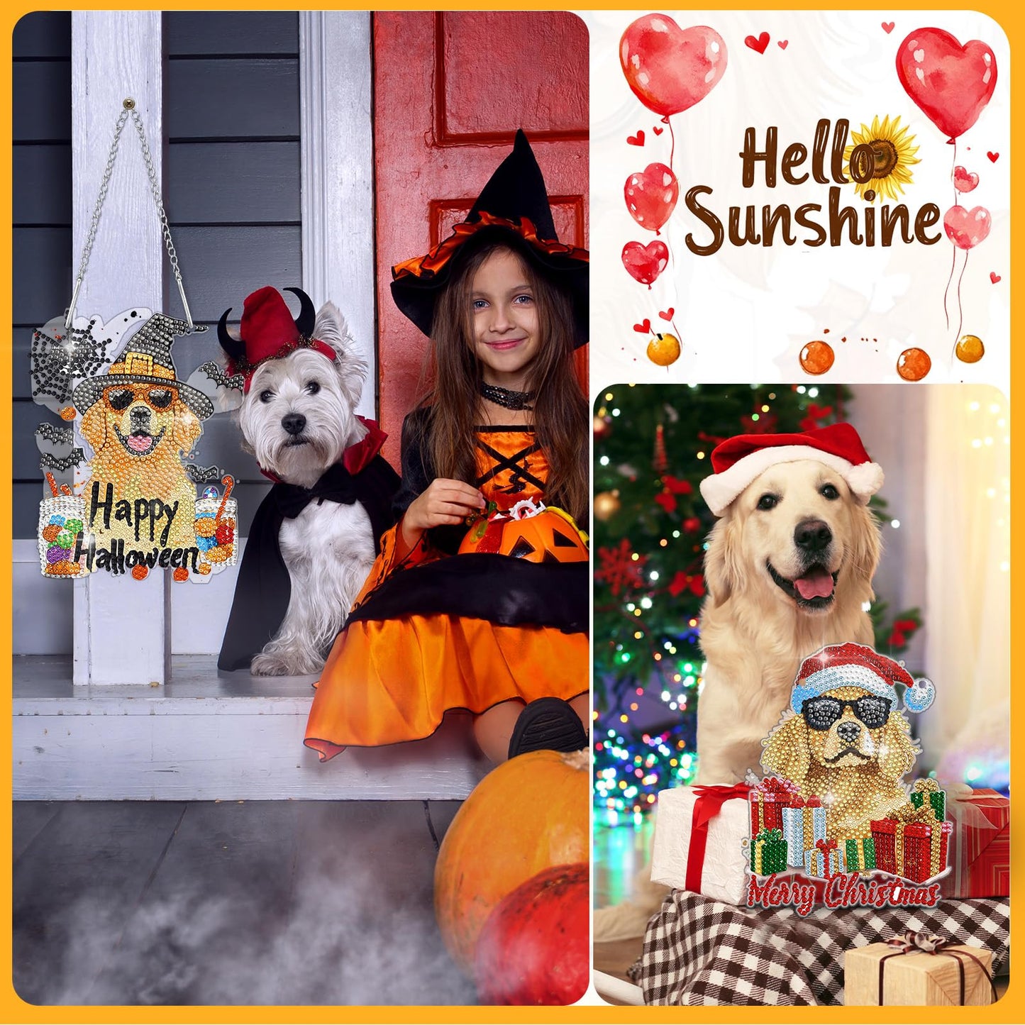 Cinnvoice 12 Pcs Seasonal Diamond Art Wreath Kits Holiday 5d DIY Diamond Painting Signs Germ Hanging Art Ornaments for Wall Door Decorations (Dog)