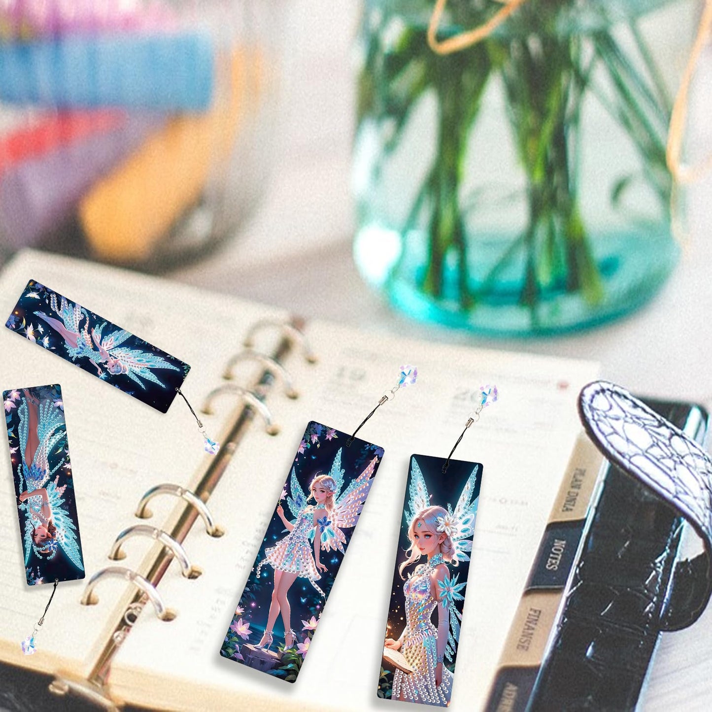JISHSHAY 4 PCS Diamond Art Bookmarks Diamond Painting Book Marks Gem Art Bookmarkers Gem Painting Book Markers Mosaic Kits for Adults Special Drills with Crystal Pendants Fairy Elf