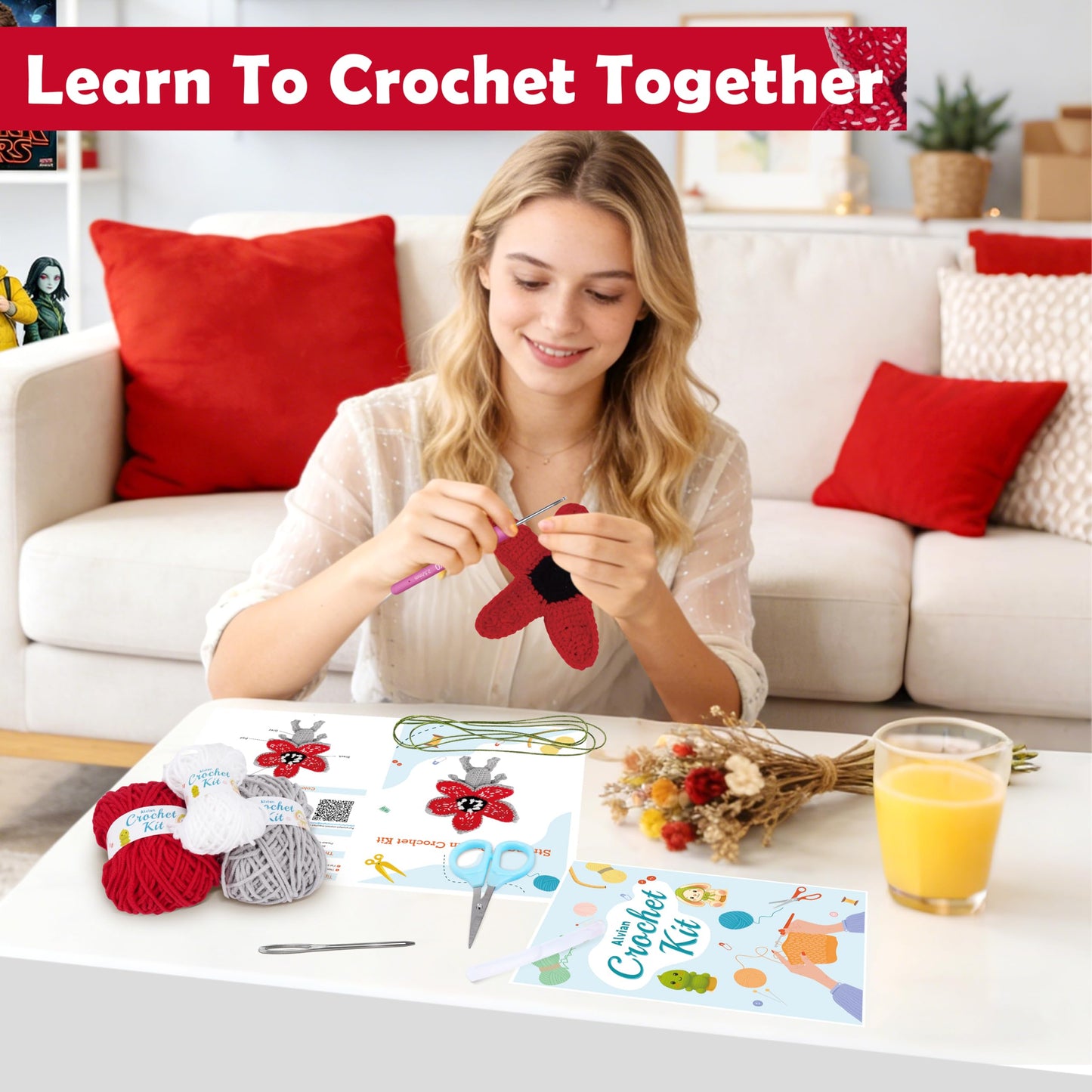 Alvian Monster Crochet Kit for Beginners – Amigurumi Demogorgon-Inspired Keyring DIY Craft with Step-by-Step Video Tutorial All-in-One Crochet Starter Kit with Yarn & Tools