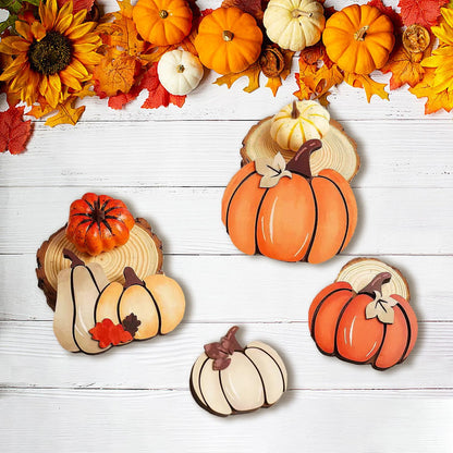 5PCS Wooden Pumpkin Fall Decor- Double Side Fall Pumpkin Decorations for Home Thanksgiving Table Centerpieces for Home, Office, Mantel and Shelf Autumn Decorations (D5)