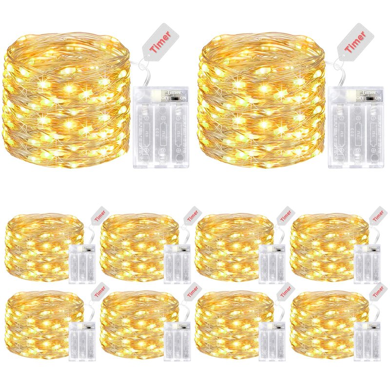 kolpop 10 Pack Fairy Lights Battery Operated with Timer, 16FT 50LED Mini String Light Battery Powered, Warm White Tiny Christmas Lights for Indoor Wedding Decorations