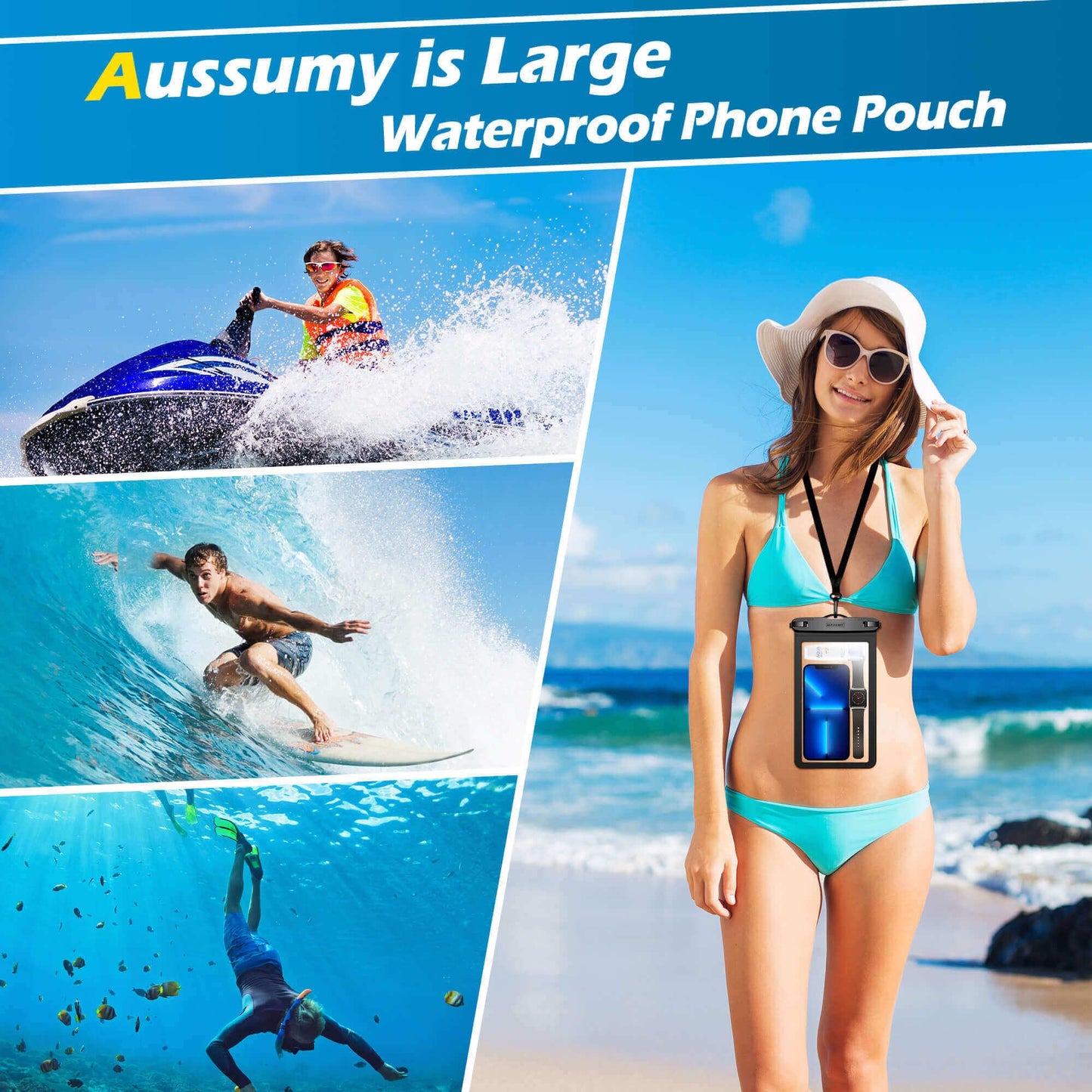 4 Pack 10.5“ Large Waterproof Phone Pouch - Underwater Clear Cell Holder - Universal Water Proof Dry Bag with Neck Lanyard for iPhone 16 Pro Max Samsung Galaxy with Heavy Case for Beach Swimming Pool