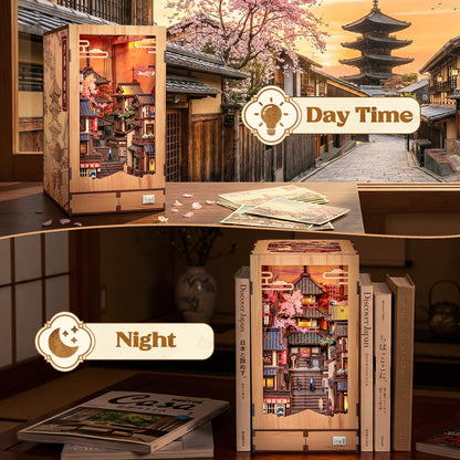 CUTEBEE Book Nook Kit – DIY Miniature House Diorama Kit for Adults, Japanese Kyoto Street Booknook Twilight Sakura Path, 3D Wooden Puzzle Bookshelf Insert, Fold-Out Dollhouse Decor Gift
